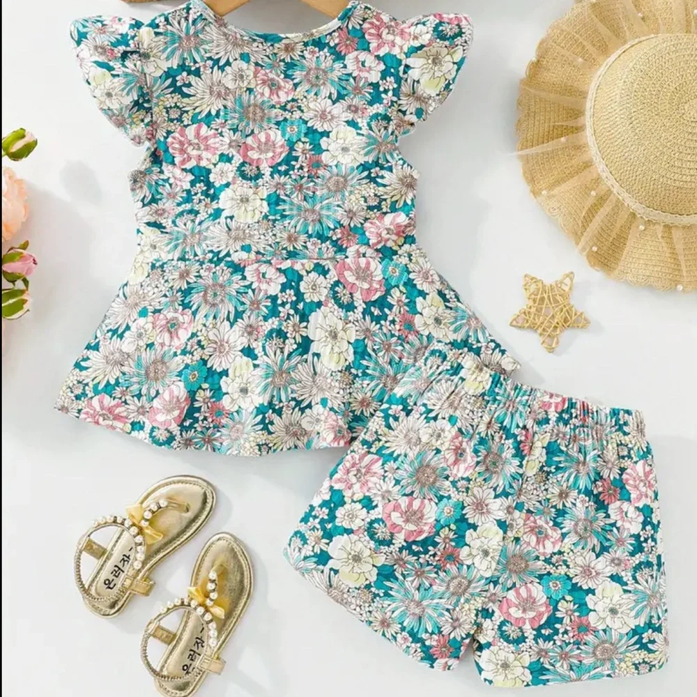 Floral Ruffle Sleeve Top and Shorts Set Matching Outfit